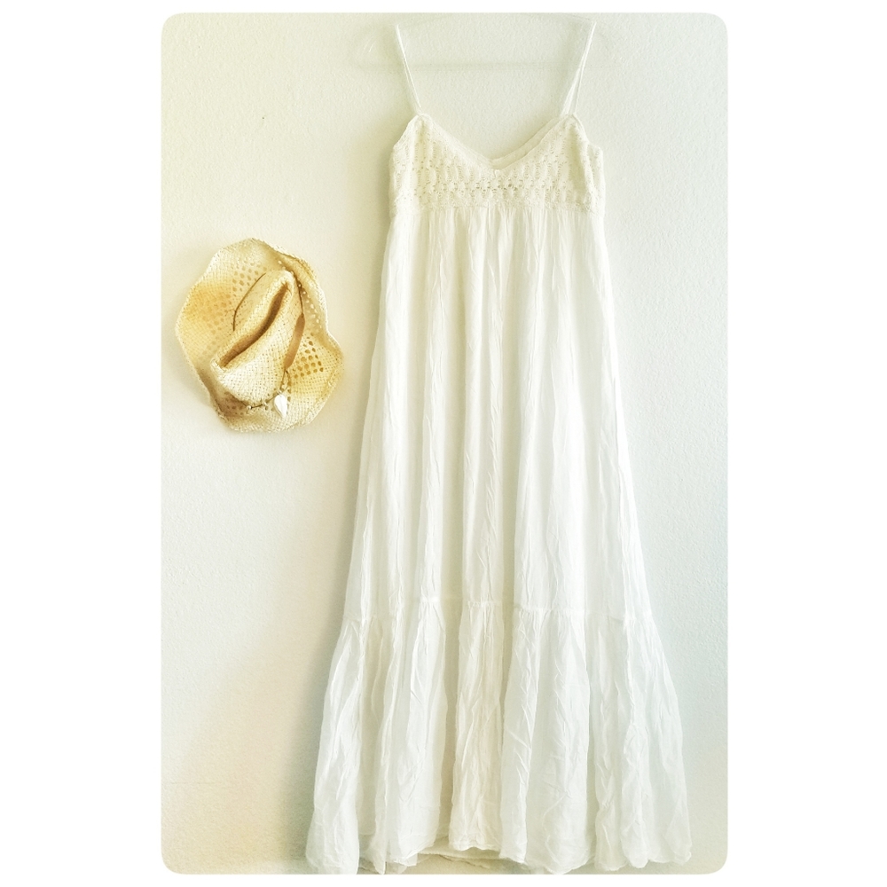 ZARA Women's Boho Cotton Maxi Dress- White Large